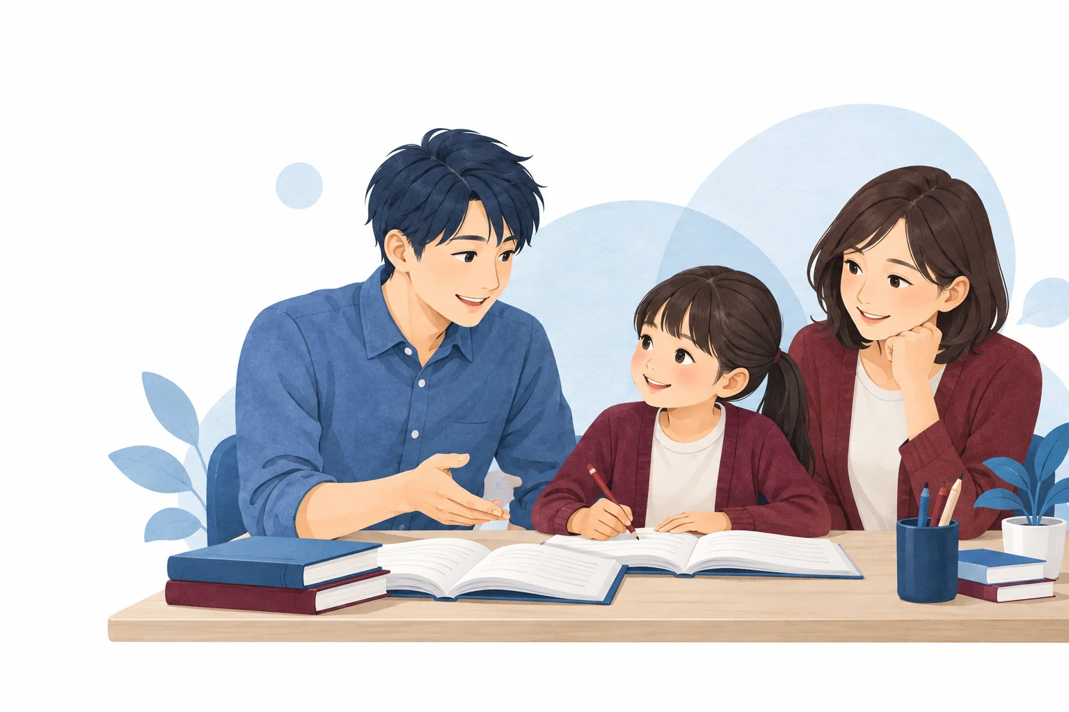 家庭教師と子どもが一緒に学び、保護者がそばで見守るイラスト